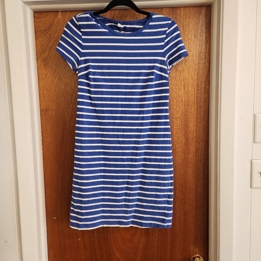Old Navy WOMENS SIZE M Blue White Striped Short Sleeve Jersey Swing Maxi Dress